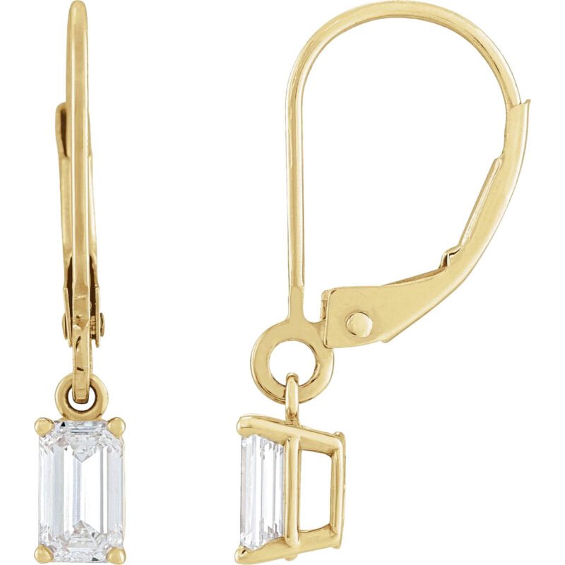 14K yellow Gold Lab Grown Emerald Cut Diamond Dangle Leverback Earrings 3 4 CT