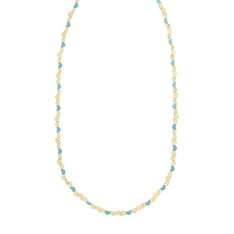 14K Yellow Gold Plated Sterling Silver Turquoise Blue Enamel Hearts Necklace