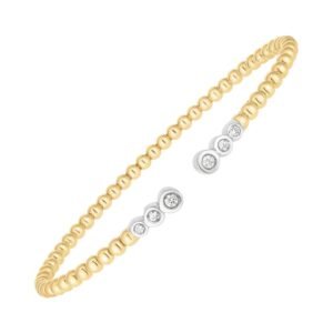 14K Two Tone Gold Beaded Bezel Set Diamond Open Cuff Bangle 3mm