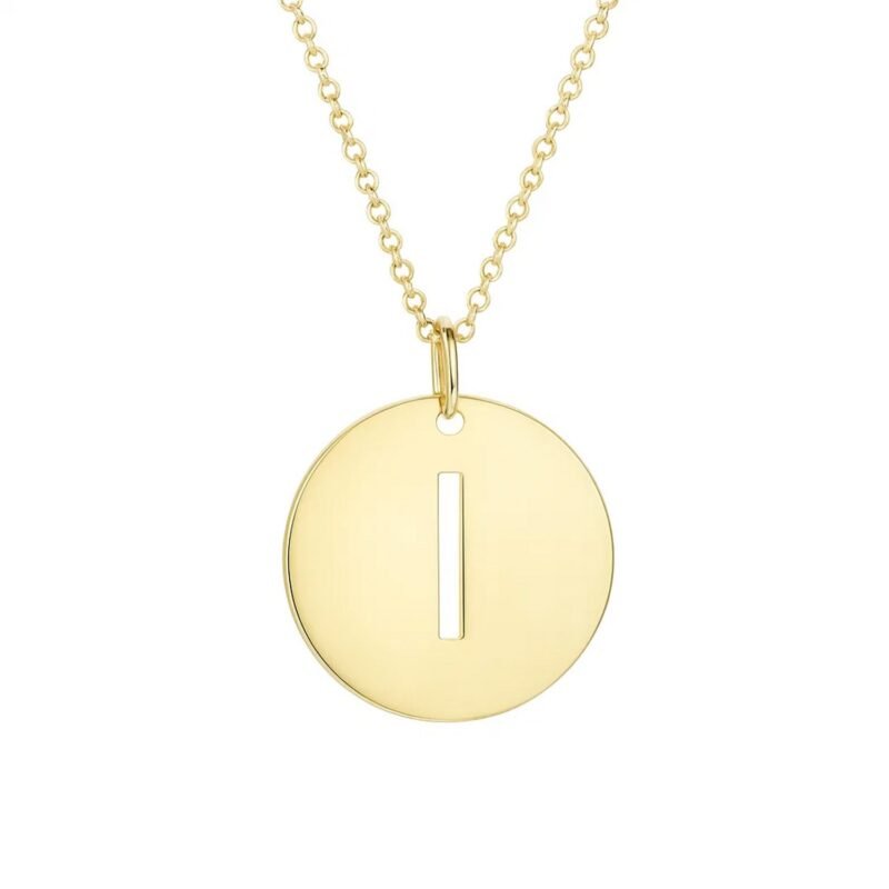 Real 14K Yellow Gold Disc Initial I Pendant Necklace