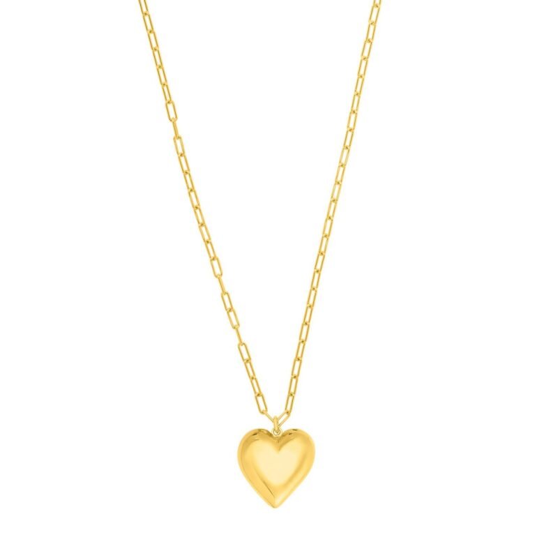 Sterling Silver 14K Gold Plated Large Puffed Heart Long Necklace