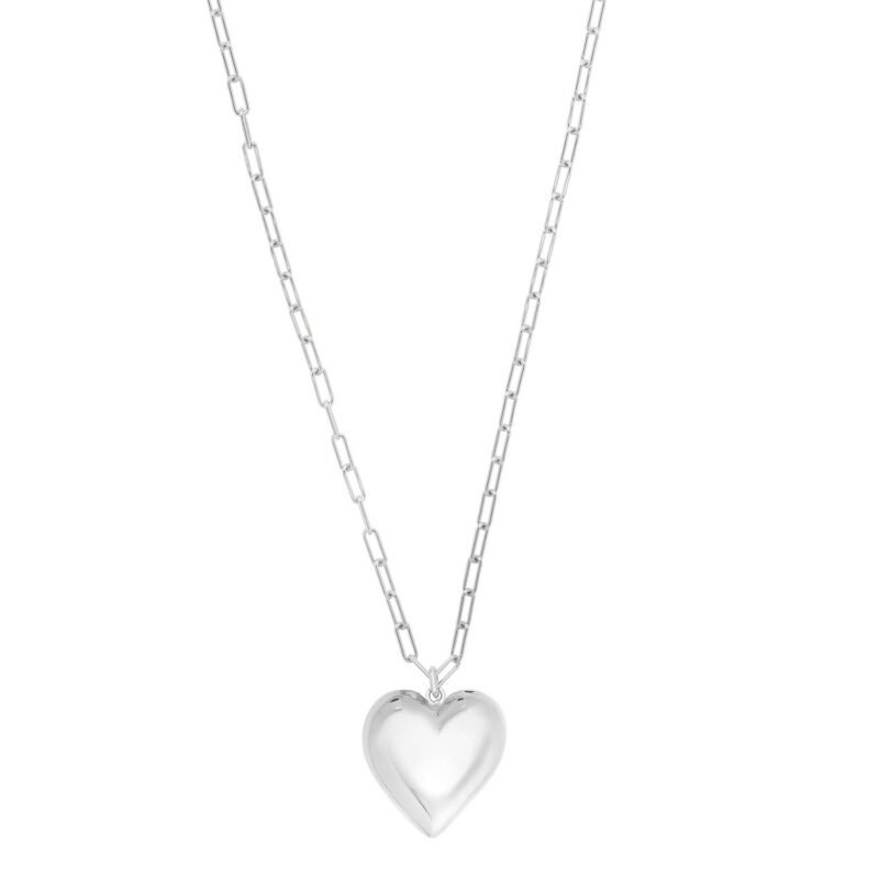 Sterling Silver Long Chain Large Puffed Heart Necklace