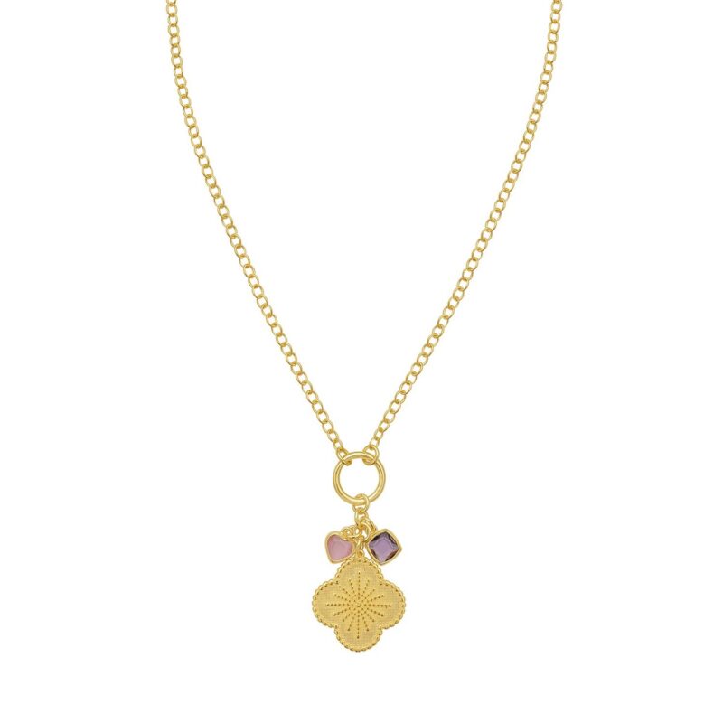 925 Sterling Silver 14K Gold Plated Flower Cubic Zirconia Charm Necklace