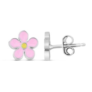 Enamel Pink Flower Stud Earrings Sterling Silver