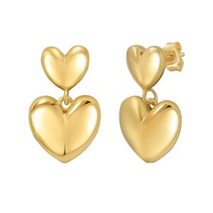 Yellow Gold Plated Sterling Silver Puffed Double Heart Drop Earrings