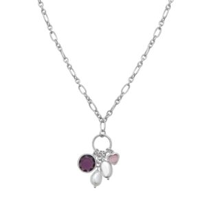 Purple Cubic Zirconia Pearl Bead Charm Necklace Sterling Silver