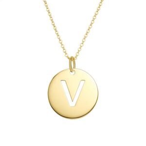 14K Yellow Gold Disc Initial V Pendant Necklace