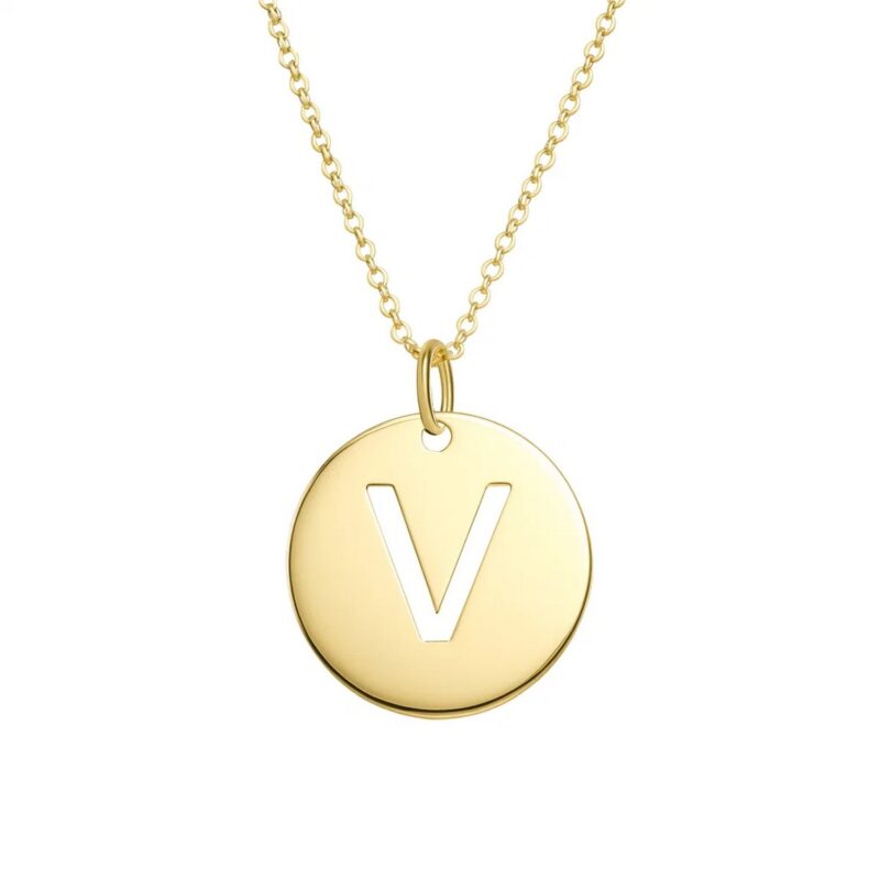 14K Yellow Gold Disc Initial V Pendant Necklace