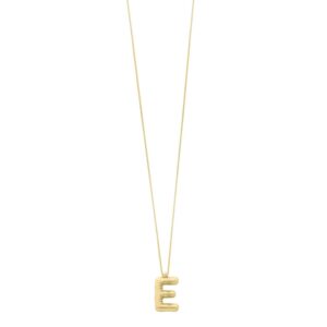 Real 14K Yellow Gold Bubble Initial E Pendant Necklace