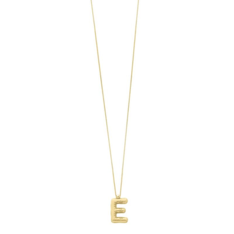 Real 14K Yellow Gold Bubble Initial E Pendant Necklace