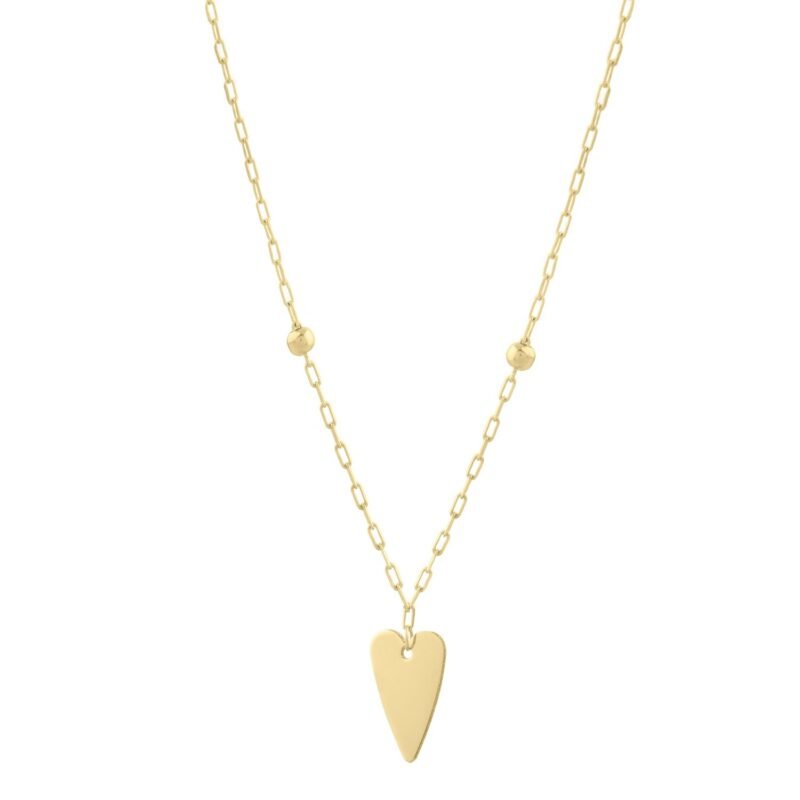 Elongated Heart and Bead Station Necklace 14K Yellow Gold