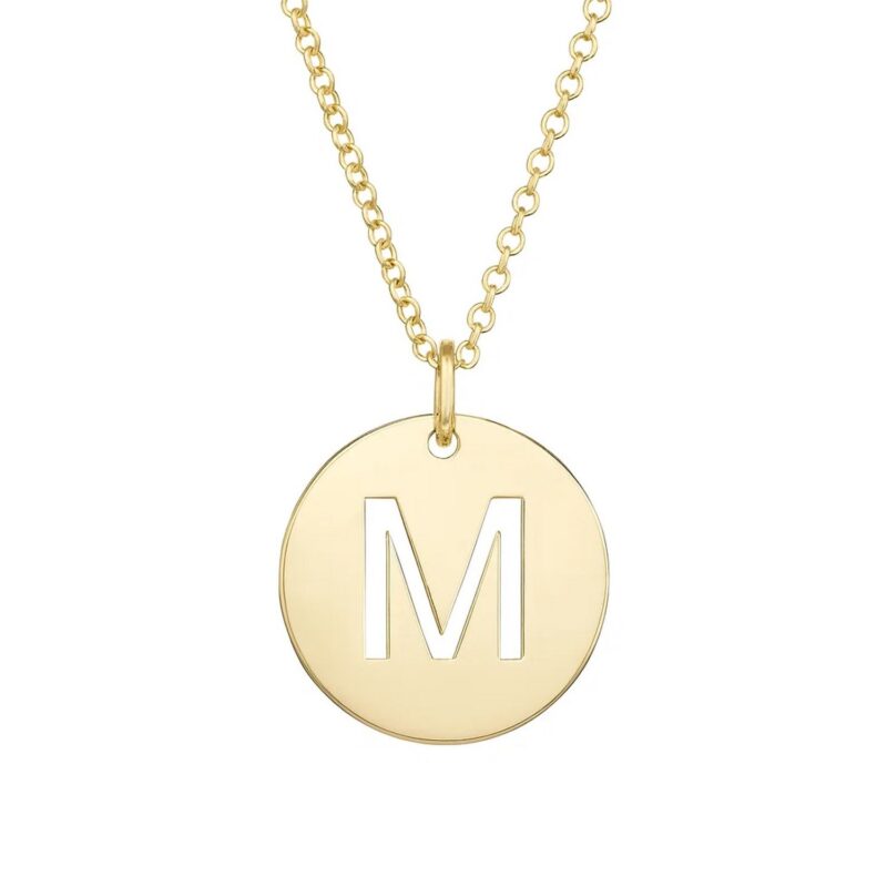 14K Yellow Gold Disc Initial M Pendant Necklace