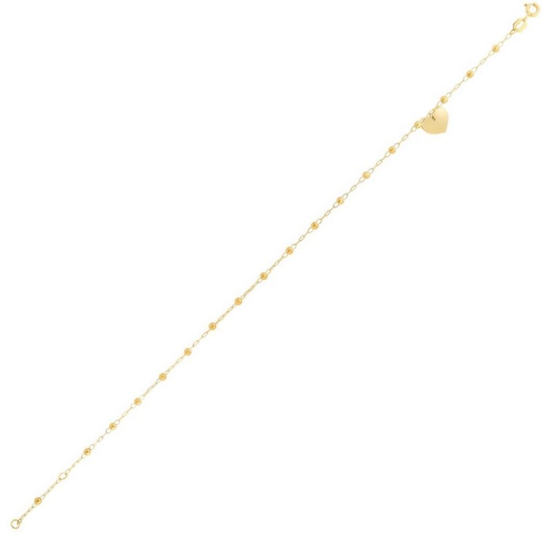 14K Yellow Gold Beaded Station Dangle Heart Anklet