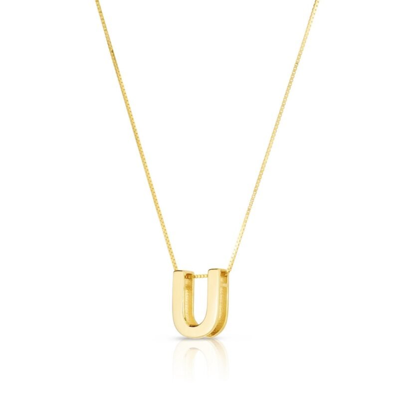 Real 14K Yellow Gold Block Letter Initial U Necklace