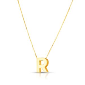Real 14K Yellow Gold Block Letter Initial R Necklace