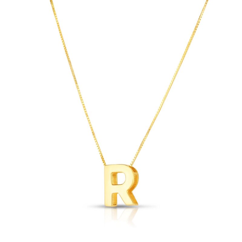 Real 14K Yellow Gold Block Letter Initial R Necklace