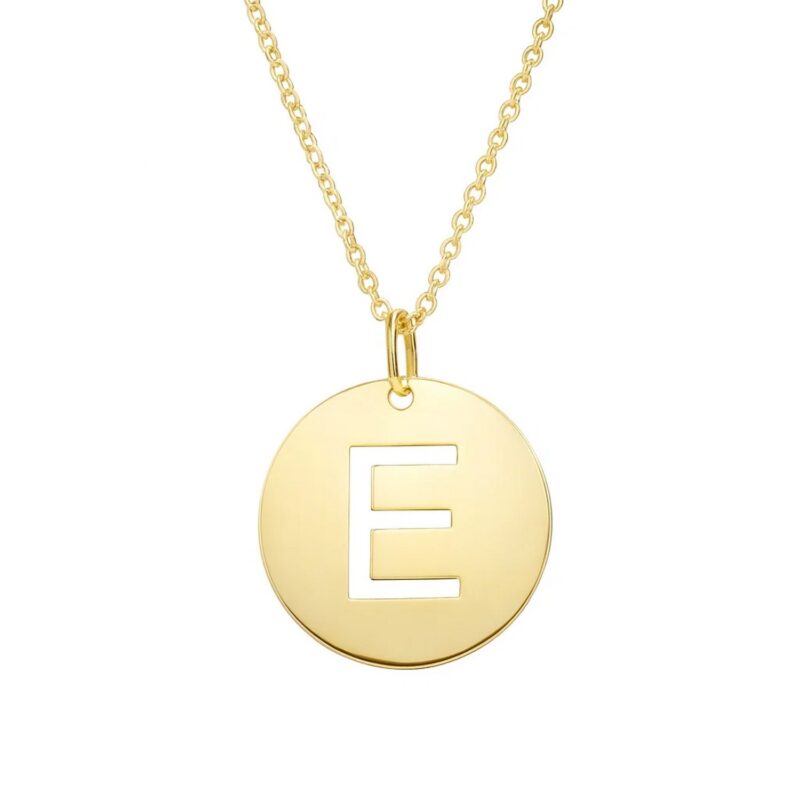 Real 14K Yellow Gold Disc Initial E Pendant Necklace