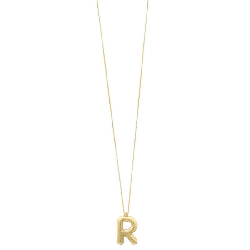14K Yellow Gold Bubble Initial R Pendant Necklace