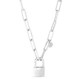 Sterling Silver Lock Paperclip Link Necklace 22 Inch