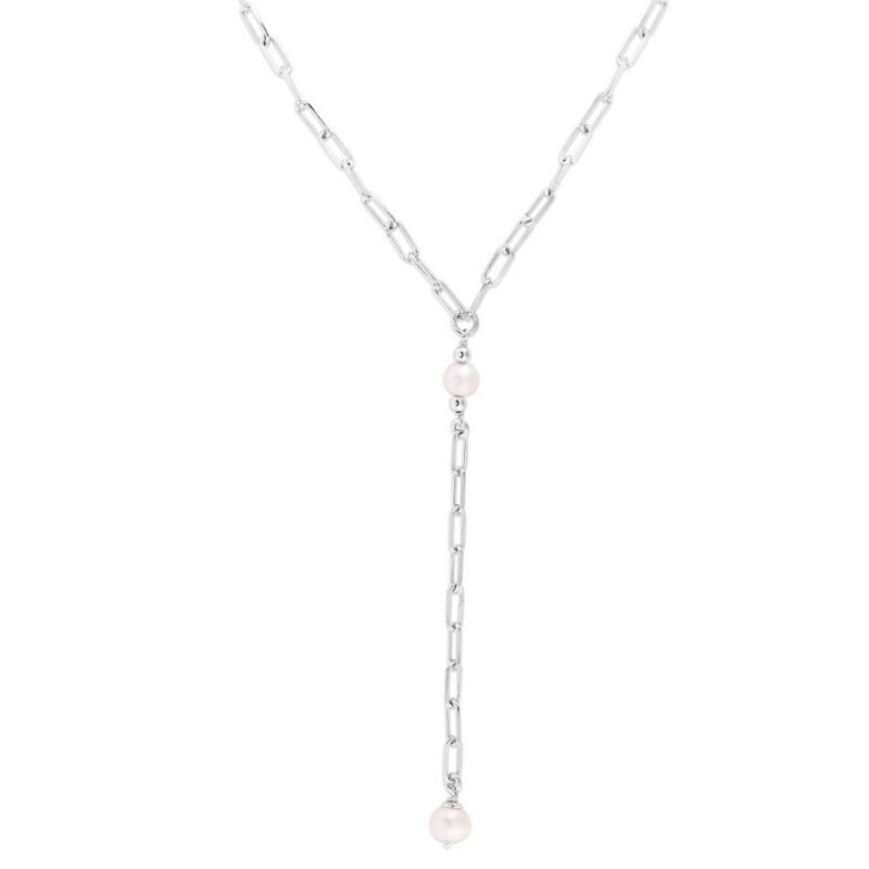 Sterling Silver Freshwater Pearl Paperclip Lariat Necklace