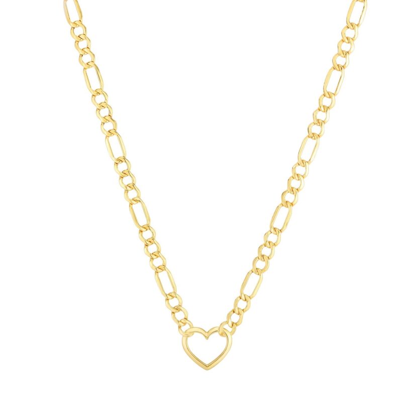 Real 10K Yellow Gold Figaro Chain Heart Necklace