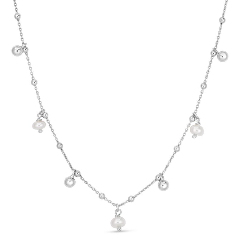 925 Sterling Silver Pearl Station Charm Necklace