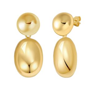 Sterling Silver Yellow Gold Plated Puffed Oval Double Button Drop Earrings