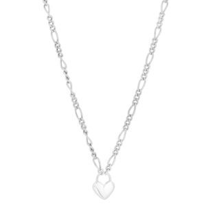 Sterling Silver Heart Padlock Figaro Necklace