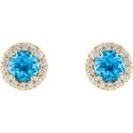 14K Gold 1 10 CTW Diamond Halo 4mm Round Swiss Blue Topaz Stud Earrings