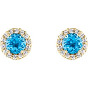 14K Gold 1 10 CTW Diamond Halo 4mm Round Swiss Blue Topaz Stud Earrings