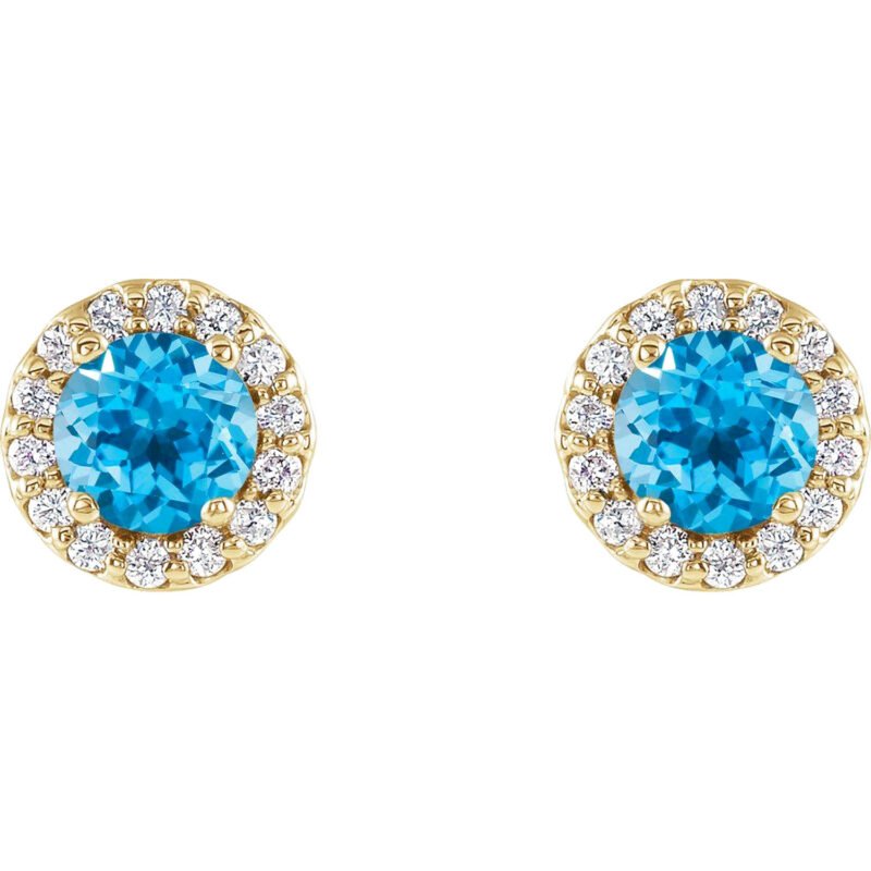14K Gold 1 10 CTW Diamond Halo 4mm Round Swiss Blue Topaz Stud Earrings
