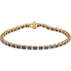 14K Gold Bezel Set Emerald Cut Lab-Grown Blue Sapphire Tennis Bracelet 8.5 Ctw 7 Inch