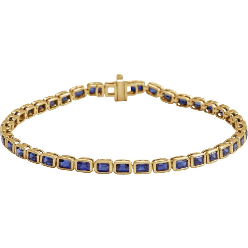 14K Gold Bezel Set Emerald Cut Lab-Grown Blue Sapphire Tennis Bracelet 8.5 Ctw 7 Inch