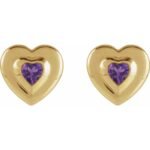 14K Gold Bezel Set Heart Amethyst Stud Earrings