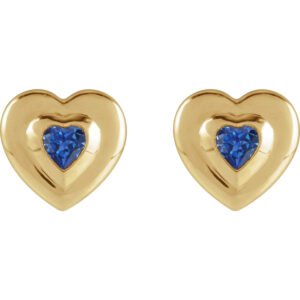 14K Gold Bezel Set Heart Natural Blue Sapphire Stud Earrings