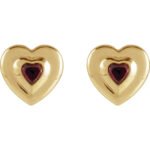 14K Gold Bezel Set Heart Red Mozambique Garnet Stud Earrings