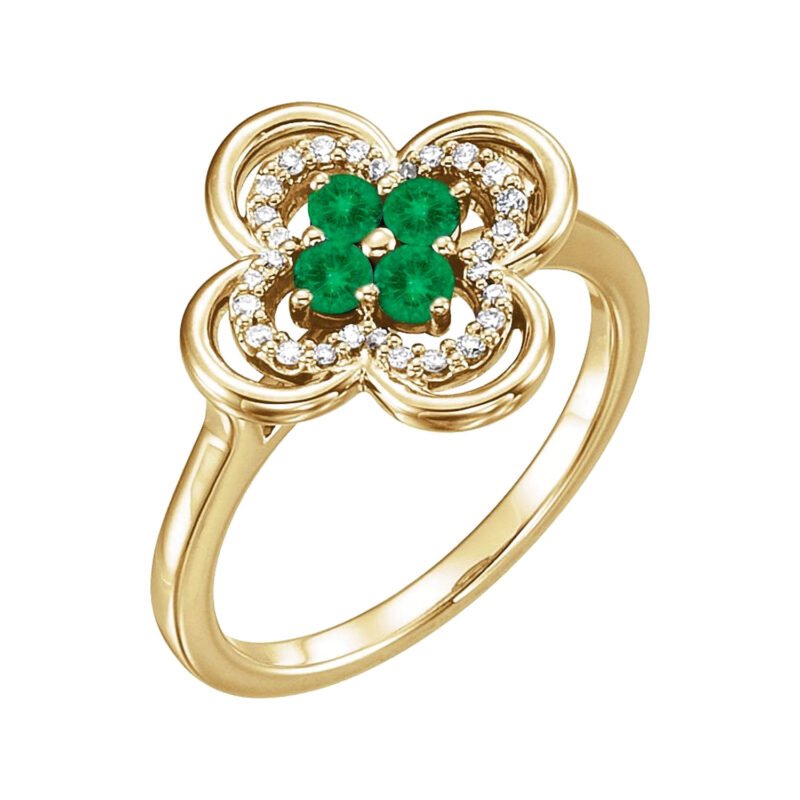 14K Gold Diamond and Emerald Four Leaf Clover Ring​