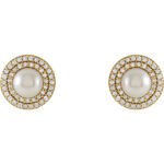 14K Gold Double Diamond Halo Pearl Stud Earrings