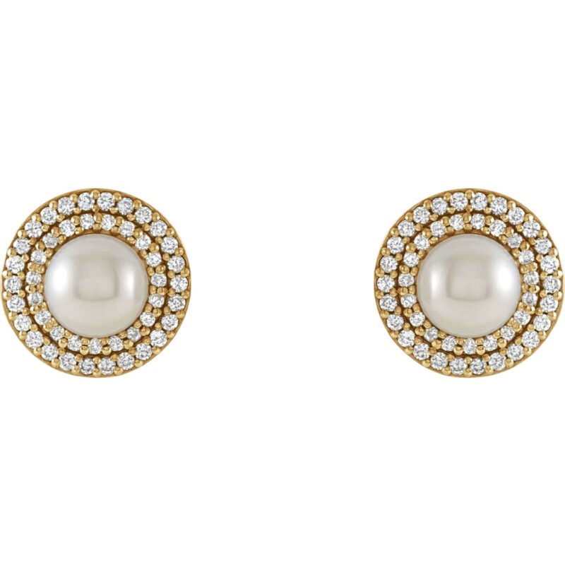 14K Gold Double Diamond Halo Pearl Stud Earrings