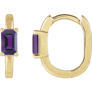 14K Gold Emerald Cut Amethyst Hoop Earrings 13mm