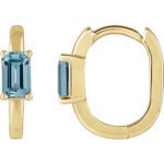 14K Gold Emerald Cut Aquamarine Hoop Earrings 13mm