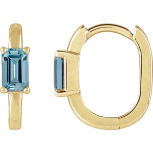14K Gold Emerald Cut Aquamarine Hoop Earrings 13mm