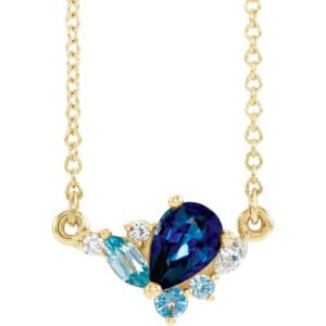 14K Gold Multi Shape Gemstone Blue Sapphire Diamond Cluster Necklace