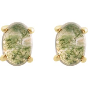 14K Gold Oval Moss Agate Stud Earrings