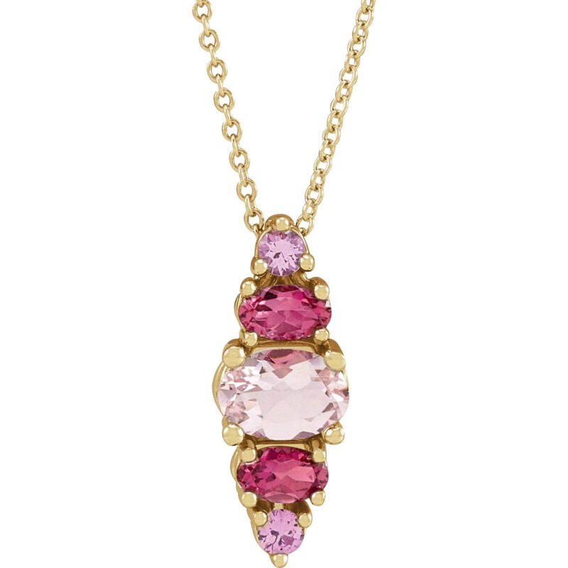 14K Gold Pink Sapphire, Morganite and Tourmaline Multi Gemstone Necklace
