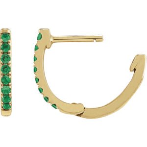 14K Gold Small Lab Emerald Hoop Earrings hinged back