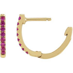 14K Gold Small Lab Ruby Hoop Earrings hinged back
