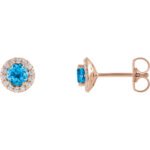 14K Rose Gold 1 10 CTW Diamond Halo 4mm Round Swiss Blue Topaz Stud Earrings