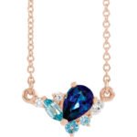 14K Rose Gold Multi Shape Gemstone Blue Sapphire Diamond Cluster Necklace