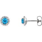 14K White Gold 1 10 CTW Diamond Halo 4mm Round Swiss Blue Topaz Stud Earrings